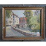 D.W Burley, sunny European town scene with river, signed, oils on board. 37 x 50cm approx.