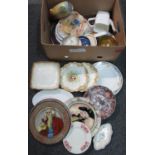 Box of assorted china to include: Royal Doulton 'Gold Concorde' white coffee pot with gilt edging,