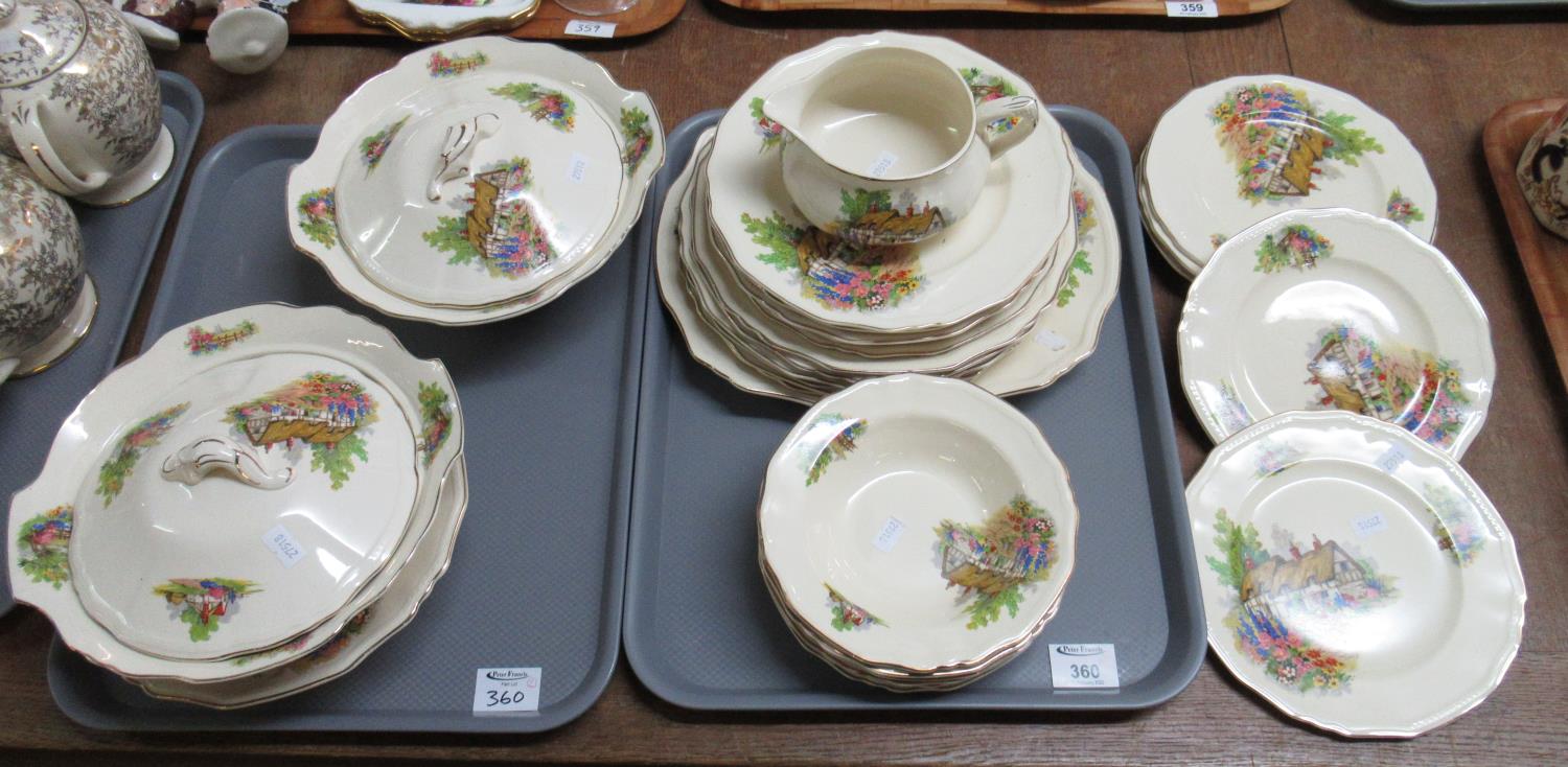 Two trays of Alfred Meakin Staffordshire dinnerware items, overall on a cream ground with a scene of