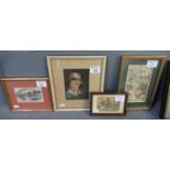Group of small furnishing pictures including topographical engraving, portrait print, Oriental
