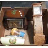 Box containing miniature model of a grandfather clock marked 'W.E.C. Leeds, Colchester', mid 20th
