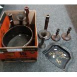 Box of assorted wooden turned candlesticks, pair of intricately etched trumpet vases, basket etc. (