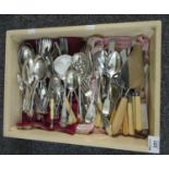 Box of assorted cutlery to include: berry spoons, cake slice, mother of pearl and embossed white
