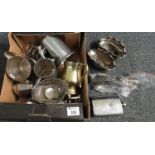 Small box of assorted metal ware to include: stainless steel hipflask with horseshoe engraving,