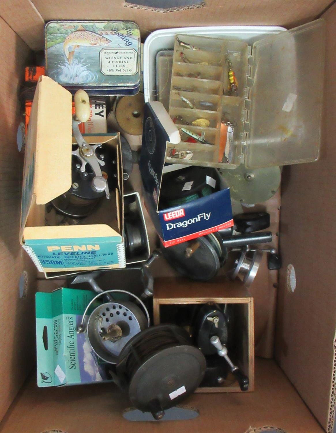 Box of vintage and other fishing equipment to include; spinning and fly reels, various flies,