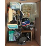 Box of vintage and other fishing equipment to include; spinning and fly reels, various flies,