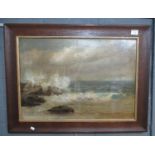 British School (19th Century), seascape with crashing surf, oils on canvas. 45 x 64cm approx. Oak