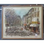 John Bampfield, Parisian street scene with figures, signed, oils on canvas. 60 x 75cm approx.