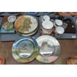 Tray of assorted china and other items to include: eight Royal Doulton plates with landscape scenes;