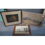 Three furnishing pictures to induce B Eyre Walker, watercolours, two landscapes, and an etching