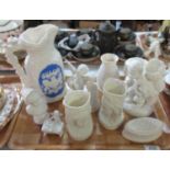 Tray off assorted parian ware items to include Prince Consort jug, vases, miniature font, pill