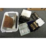 Small box containing cased sets of EPNS cake forks, butter knives, Melrose gold plated teaspoons,