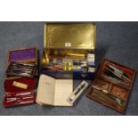 Collection of assorted fountain and other pens, inks, 19th Century drawing set in fitted box,