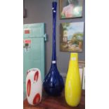 Collection of three art glass vases, one on a canary yellow ground, the other in Bristol blue with a