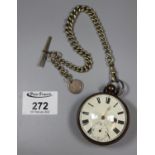19th century key wind yellow metal gent's pocket watch with short chain and Victorian silver