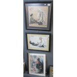 Group of three Chinese portrait studies to include; two coloured prints and a study of a seated