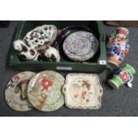 Box of assorted china to include: Royal Doulton sponge ware decorated jug, two porcelain