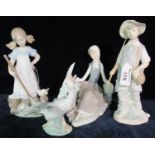 Five Lladro Spanish porcelain figures to include: geese, fishermen, girl with cats etc. (5) (B.P.