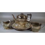 Georgian style three piece silver plated fluted tea service, together with two silver plated