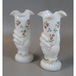 Pair of Victorian white opaline glass and painted enamel floral hand vases. (B.P. 21% + VAT)