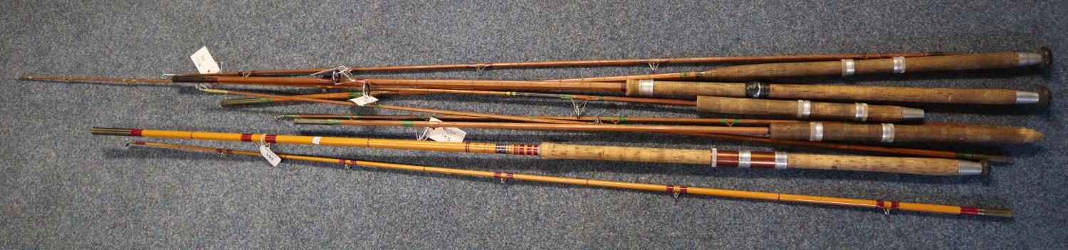 Vintage Taylor & Johnson, Redditch 'The Dorchester' two-piece fishing rod. Together with four