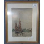 J.R Charton, Chinese or Burmese junk on a river, signed, pastels. 30 x 21.5cm approx. Framed and