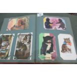 Postcards collection in large red album with greetings, humorous, romantic, dogs, horses, royalty,