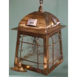 Modern hanging brass four panelled glass lantern ceiling light. (B.P. 21% + VAT)