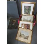 Box of assorted furnishing prints, oil portrait of a gentleman, watercolour study of a garden,