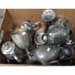 Box of assorted metalware to include: chased white metal, conical shaped tea and coffee pots with
