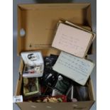 Shoebox of oddments to include; costume jewellery, autograph books with poems, plated hip flask,