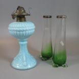 A pair of Art Nouveau green and clear glass specimen vases with silver mounts, together with an