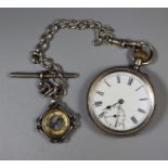 Small, silver keyless pocket watch with Roman enamel face and seconds dial on short silver chain