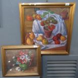 E Cox, still life study vase of flowers, signed, oils, 28 x 35cm approx. Together with another still