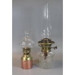 Early 20th Century double burner oil lamp with cut glass reservoir and another early 20th Century