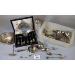 Plastic tub of assorted silver items to include: spoons, napkin rings, condiments, jewellery etc.