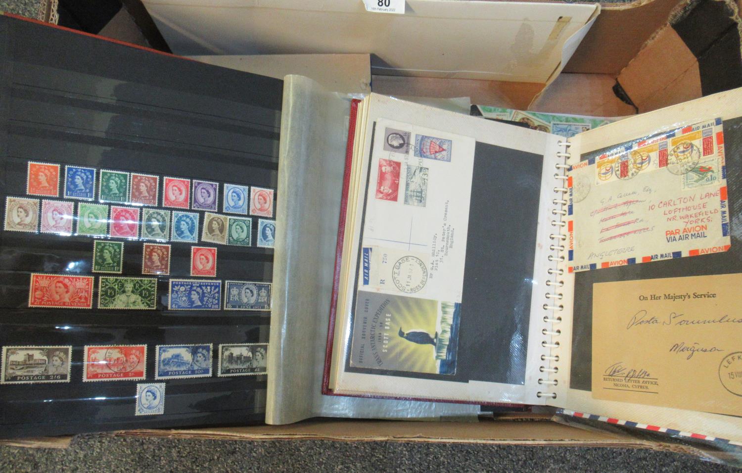 Box of all world stamps in albums in packets, various covers and range of Greetings Telegrams. (B.P.