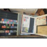 Box of all world stamps in albums in packets, various covers and range of Greetings Telegrams. (B.P.