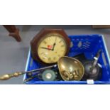 Box of mainly metalware to include: fireirons, companion set, scales with brass pan and weights,