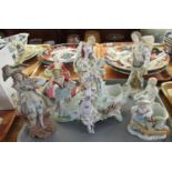 Tray of figurines to include: 19th century figurine of a young man, ornate china basket decorated