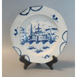 18th century English pearlware hand painted plate with gadroon edge and underglaze blue pagoda