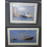 Two framed coloured prints, great liners, QEII, and Queen Mary II. Framed and glazed. (2) (B.P.