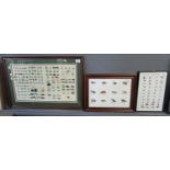 Three framed panels of fishing flies various, including reservoir and river trout, try flies, woolly