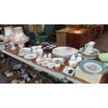 Four trays of Aynsley Pembroke, Somerset china items to include pair of table lamps with shades,