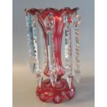 Victorian cranberry and clear glass vase lustre. (B.P. 21% + VAT)