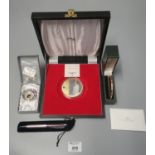 Box containing Swarovski jewellery to include bangle, brooch, pen, etc. Together with Diana Portrait