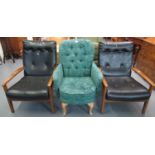 Modern upholstered button back arm chair together with a pair of Woodstock teak and leather finish