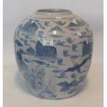 Chinese design porcelain blue and white ginger jar decorated with birds and landscape. (B.P. 21% +