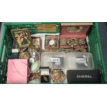Large crate of assorted costume jewellery, beads, pendants dress rings, silver cross pendant,
