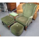 Collection of Parker Knoll furnishing items to include wing back chair, stools, and a pouffe. (4) (